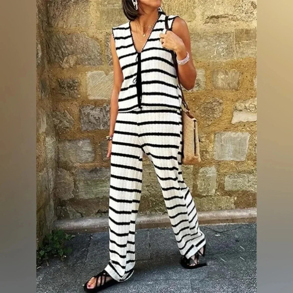 Mango knit set tie front top pants striped white black cream sleeveless long - Picture 1 of 8